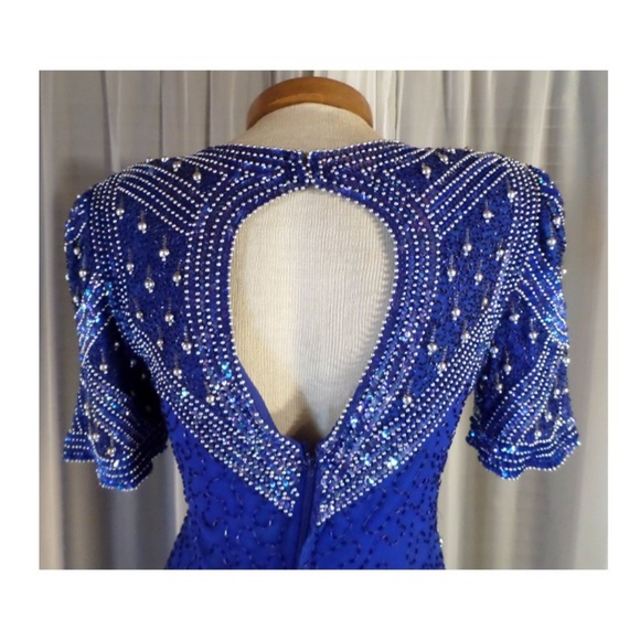 Vintage Long Blue Silk Gown Gold Beads Large Kazar - Picture 6 of 8